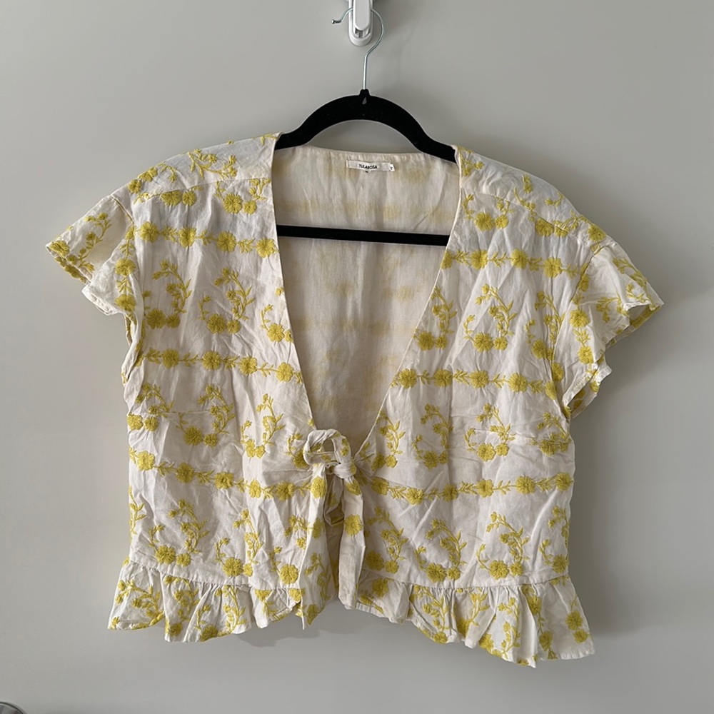 Tularosa Embroidered Tie Front Top in Yellow/White